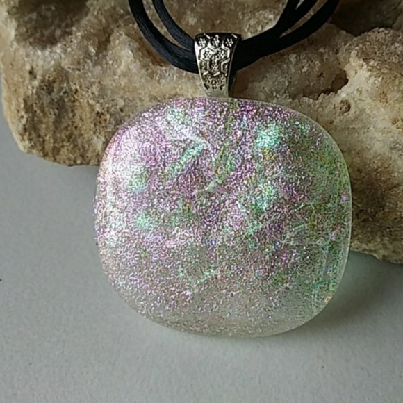 Handcrafted PLJ Jewelry - Large clear dichroic glass pendant 1.75 in